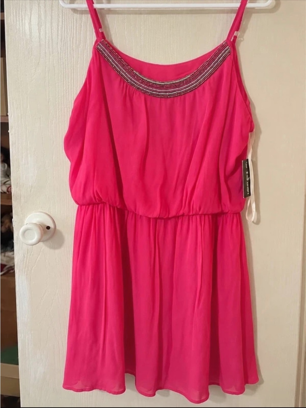 IZ Byer Hot Pink Spaghetti romper with Beaded Neckline new with tags